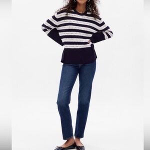 GAP Navy and White Striped Split Hem Crouched Sweater